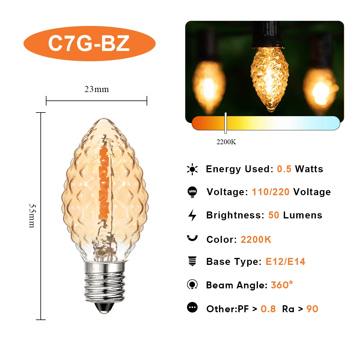 Vintage C7 Led Bulb E12 Base Candle Mini Night Lamp 0.5watt 2200k Amber Glass String Light Replacement Bulb Decorative Lighting