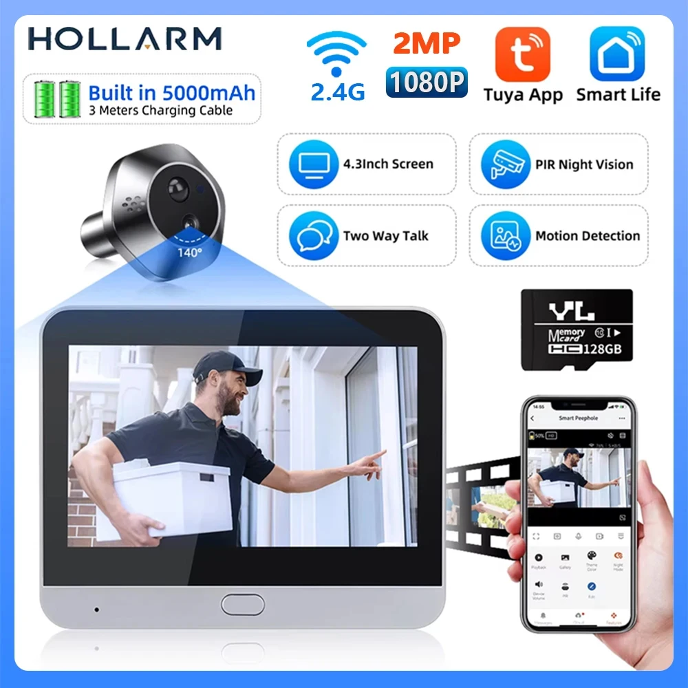 Hollarm 4.3inch Tuya Doorbell Camera Wifi Peephole Door Camera 1080P PIR Night Vision Motion Detection Door Viewer видеоглазок