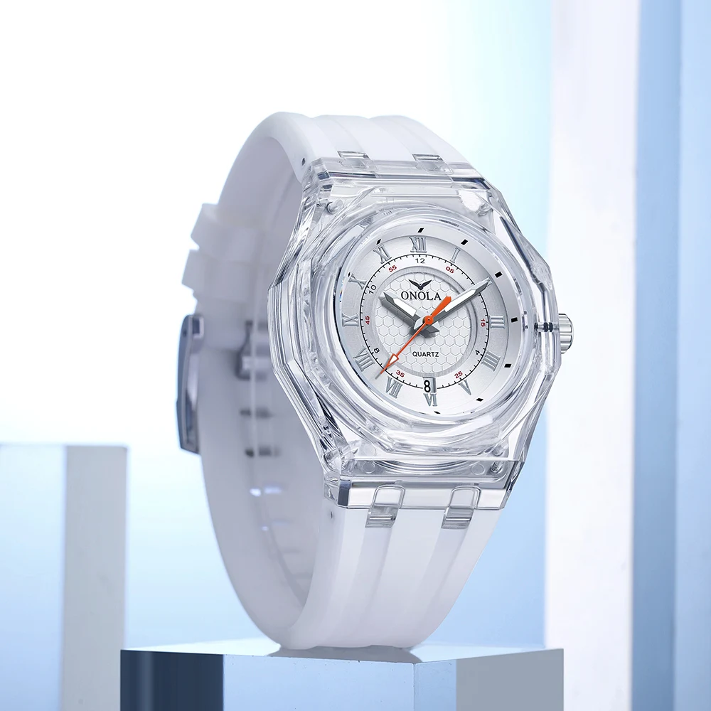 ONOLA 3857 Fashion Couple Watch Mens Sports Waterproof Transparent Plastic Silicone Calendar Luminous Quartz Watches for Man