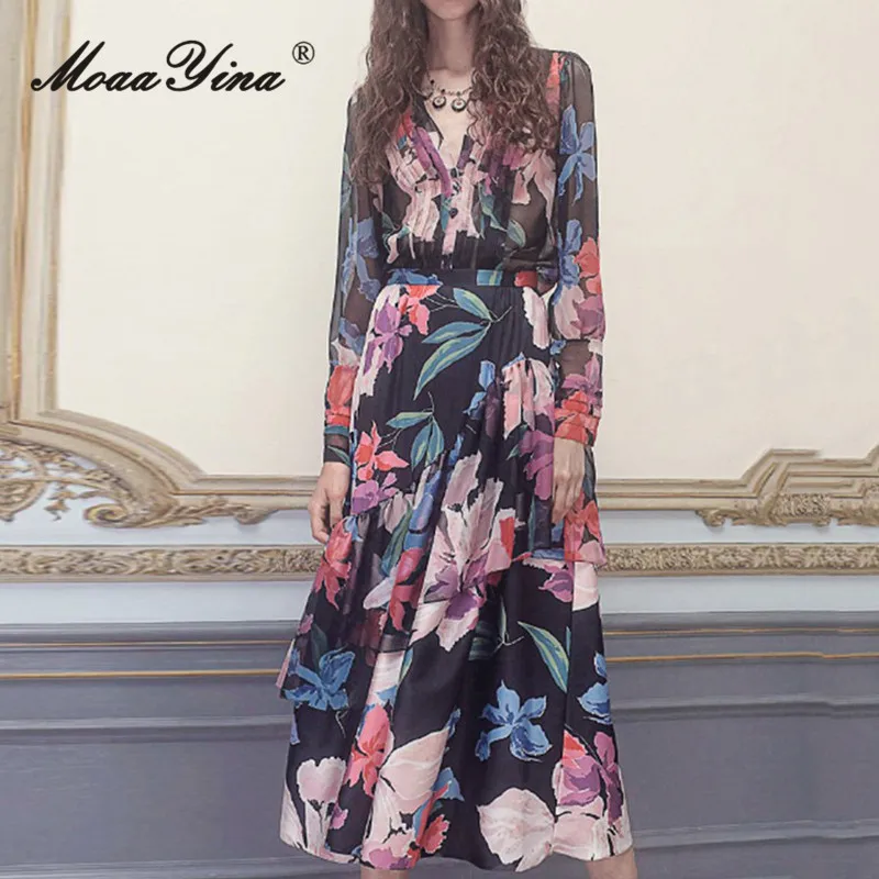 MoaaYina Spring Fashion Runway Vintage Floral Print Dress Women V Neck Ruched High Waist Ruffles Spliced Temperament Long Dress