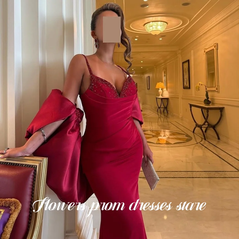 

Flowers Red Prom Dress Trumpet Scoop Spaghetti Strap with Pleats Evening Party Dress for Women Sequins Satin فساتين مناسبة ر Cu