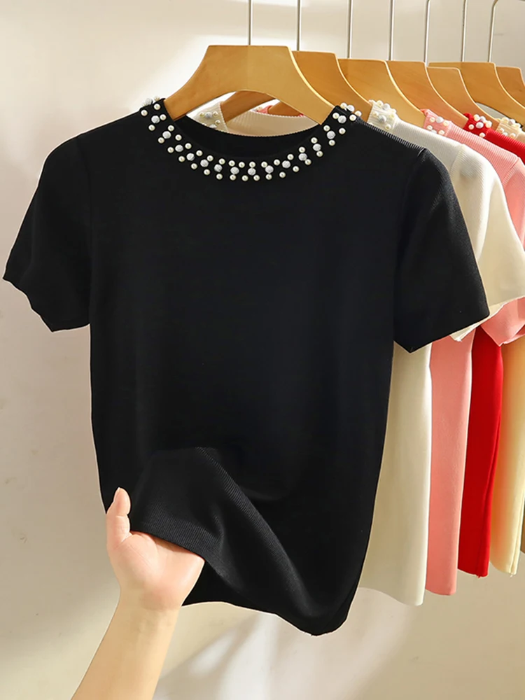 Korea Knitted T-shirt Women Top Solid Tank Y2K Summer New Fashion Female Sleeveless Beading Casual Thin Tops Black White