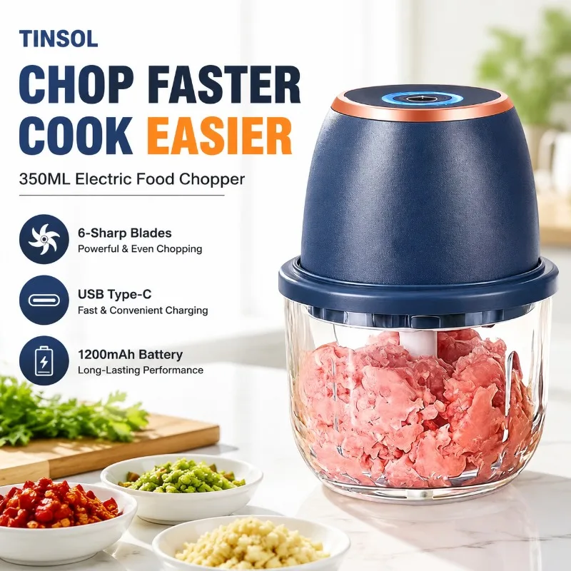 350ML Electric Food Chopper, USB Rechargeable Meat Grinder with 6-Blade, Type-C, 1200mAh, Multifunction Slicer Blender
