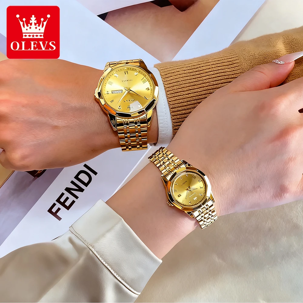 OLEVS ساعات الزوجين الذهبية الفاخرة الفولاذ المقاوم للصدأ الفولاذ المقاوم للصدأ الأصلي كوارتز ساعة اليد مقاوم للماء مضيئة تاريخ الأسبوع 9931cp #3