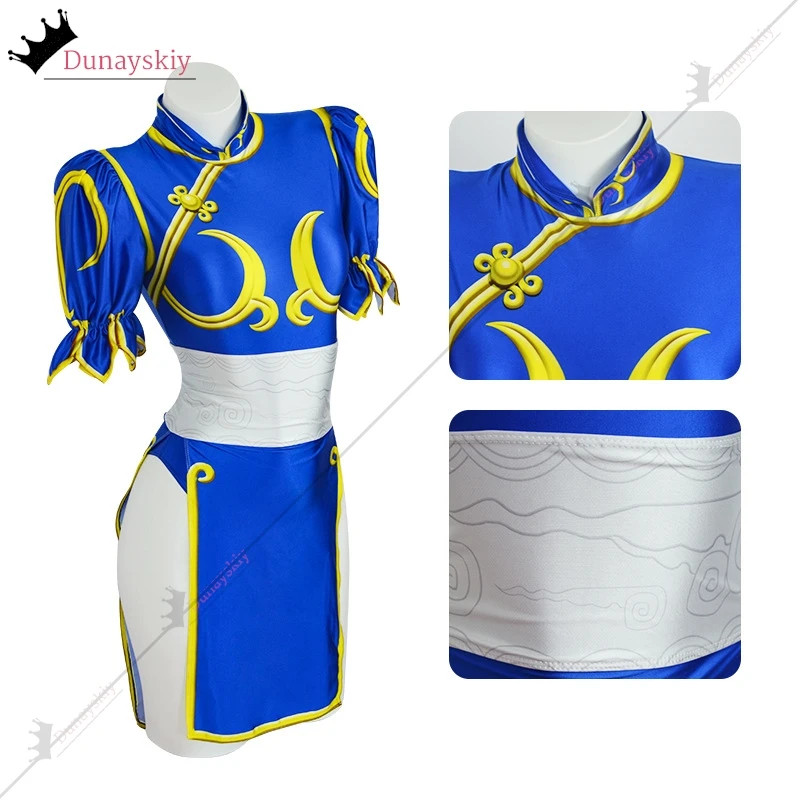 Chun Li-Disfraz de Cosplay SF Chunli, vestido Qipao azul para juegos de rol, conjunto completo de Jackie Kung fu, traje de fiesta de Anime/Halloween para diversión