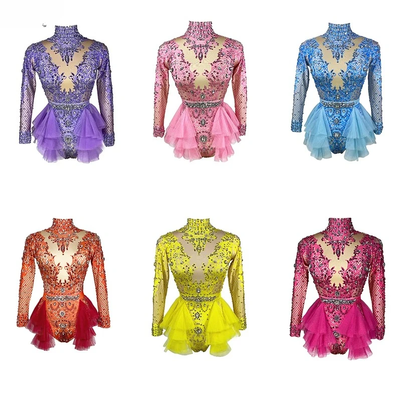 Stage Singer Show dance Leotard glitter Rhinestones pink red Ruffle long sleeve Bodysuit Women nightclub Prom concert costume