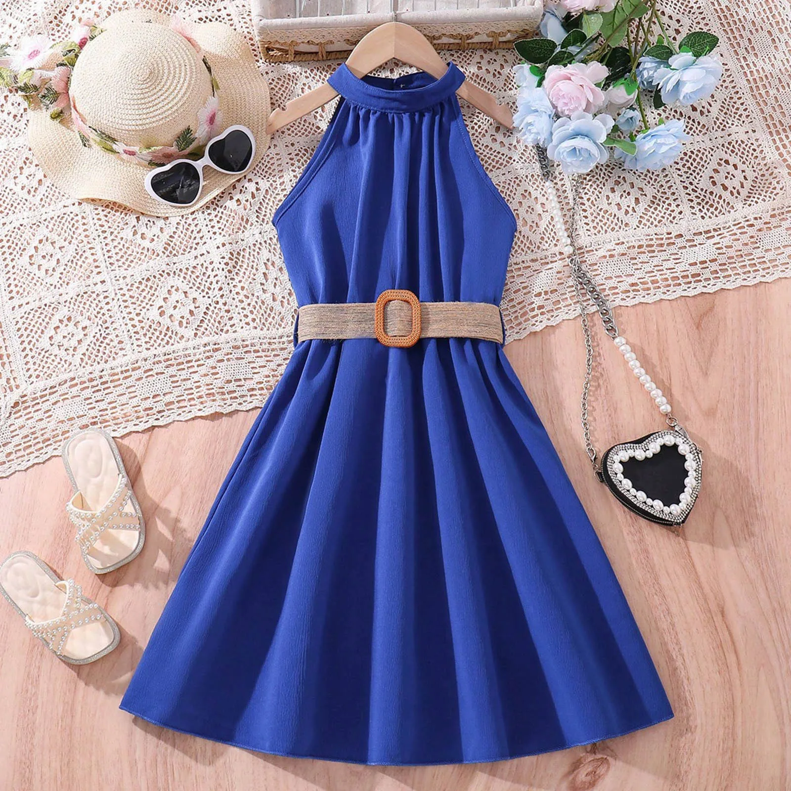 Summer Teenage Dresses For Kids Girls With Belted Halter Off Shoulder Formal Party Dress Children Girls Toddler Clothes 8-11y