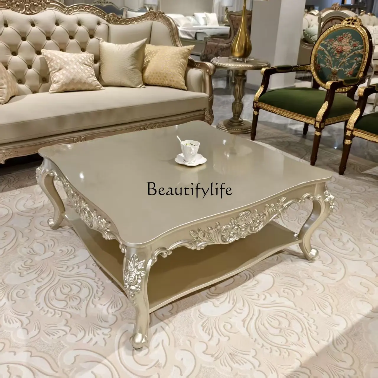 

French solid wood carving flower light luxury coffee table European living room tea table small apartment tea table