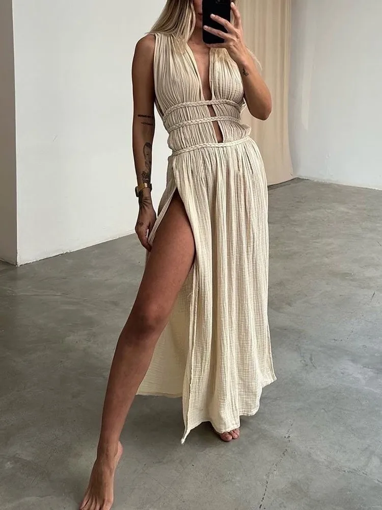 

Slit Dress Hollow Out Vestidos Dresses 2025 Woman Solid Color Sleeveless Vacation Beach Sexy Temperament Bohemian Simple Style