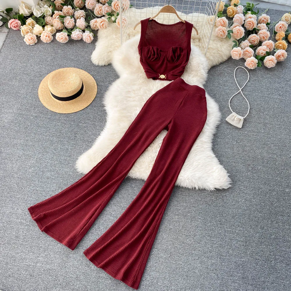 

Autumn New Fashion Solid Set Women's Sexy Low Collar Short Top+Versatile High Waist flared Pants Casual Two Piece Sets