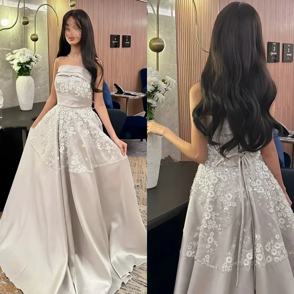 

Customized Retro Jersey Pleat Flower A-line Strapless Long Dresses Evening Dresses Classic Exquisite Modern Style Pastrol Chines