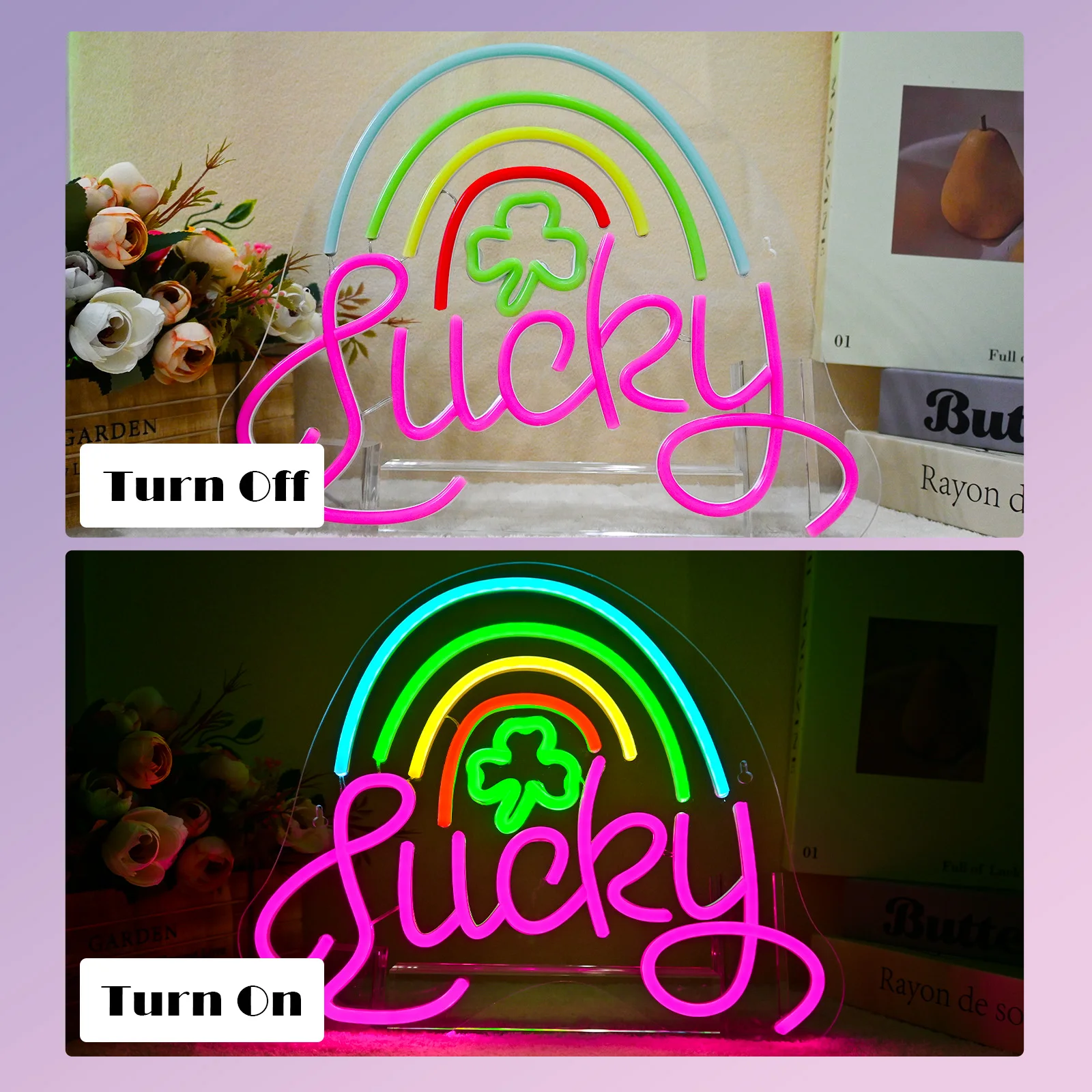 Lucky Clover Neon Sign For Wall Decor Rainbow LED Lights Room Decoration For Home Bedroom Birthday Party Bar Club Shop USB Lamp