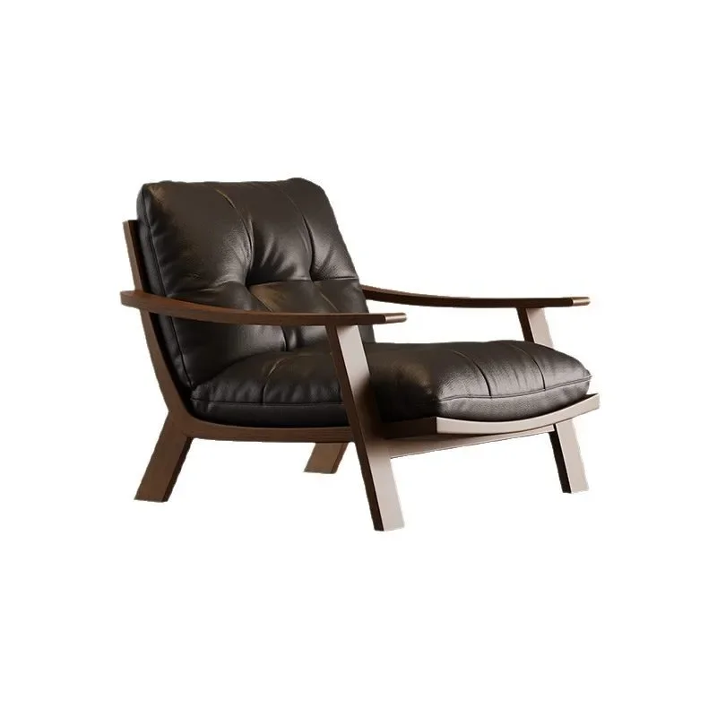Wabi Stillwind Solid Wood Sofa Chair Leisure Vintage Maillard Leather Single Sofa Balcony Lazy Sofa