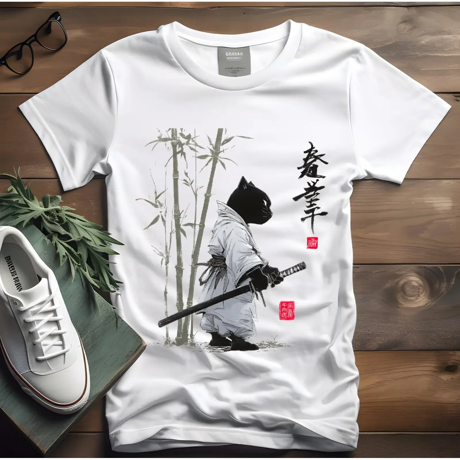 Samurai Cat T Shirt Japanese Kanji  vintage Washed Versatile Breathable Stylish designer clothes Soft Casual fashion Unisex
