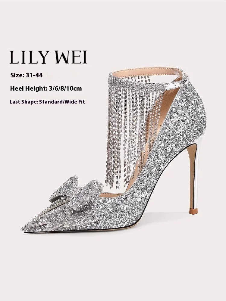 

Тонкие босоножки на высоком каблуке, весенние свадебные туфли со стразами и кисточками, бантом и блестками, женская обувь большого размера, маленького размера, широкая версия
