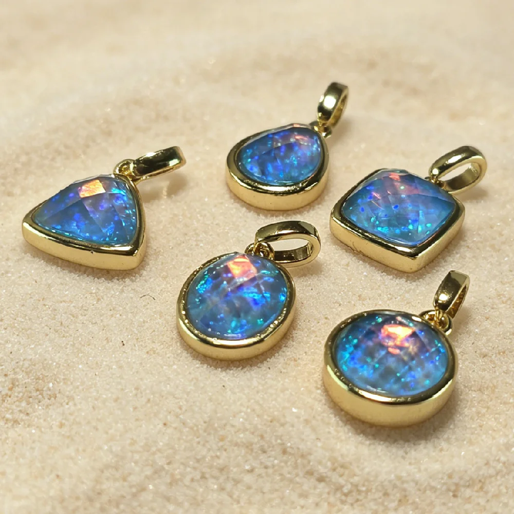 5Pcs/Lot Bezel Set Aurora Synthetic Opal Charms Golden Tone Multi Shape Boho DIY Beading Components P2D278M