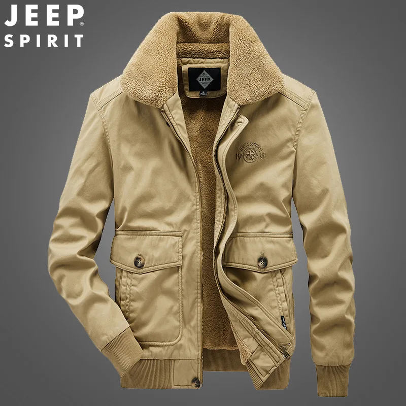 JEEP SPIRIT men jacket autumn winter plus velvet thickening outdoor leisure lapel cotton high-quality cold-proof warm clothes