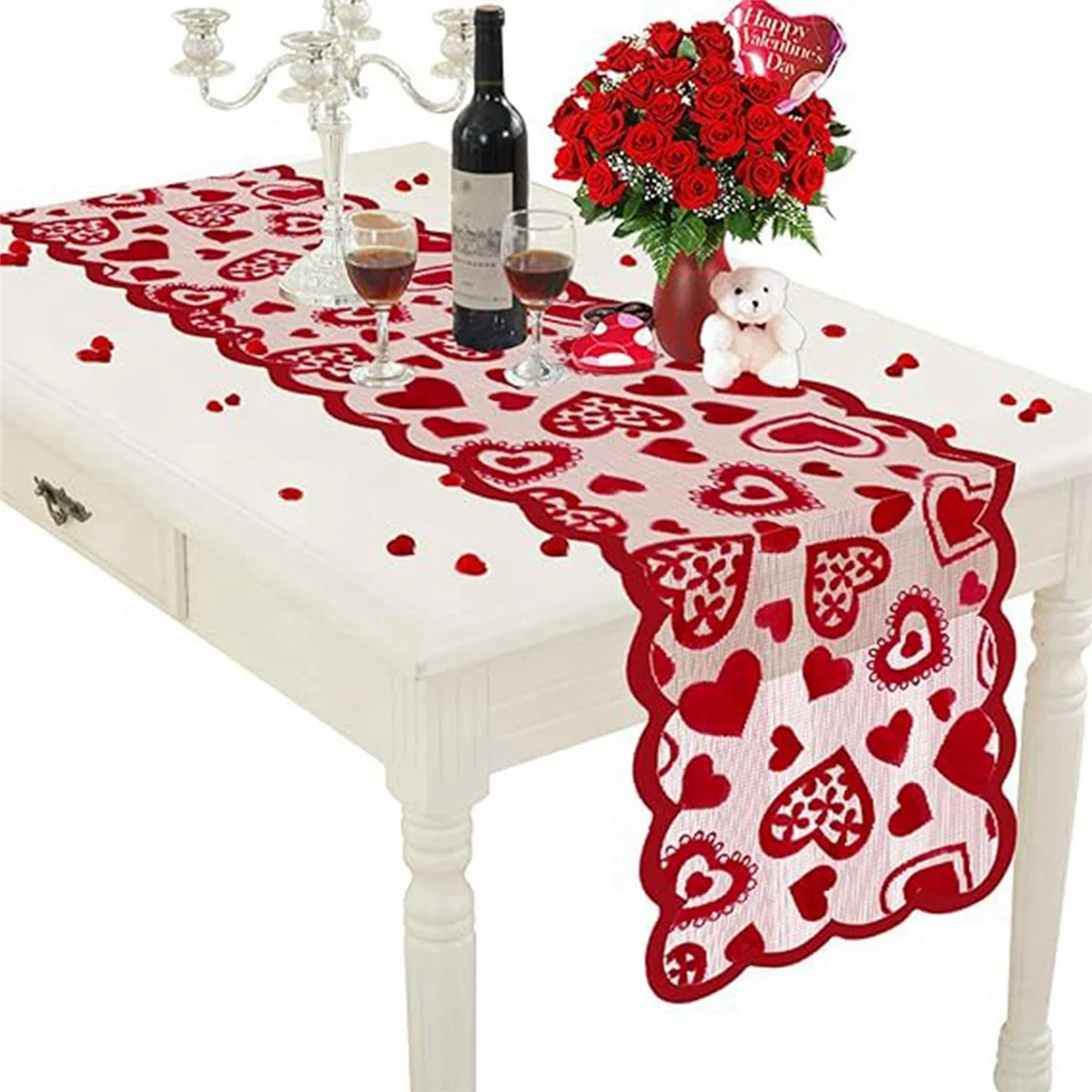 Valentines Day Decor Table Runner, 13 x 72Inch Red Lace Table Runner, Wedding Valentines Day Romantic Heart Table Runner