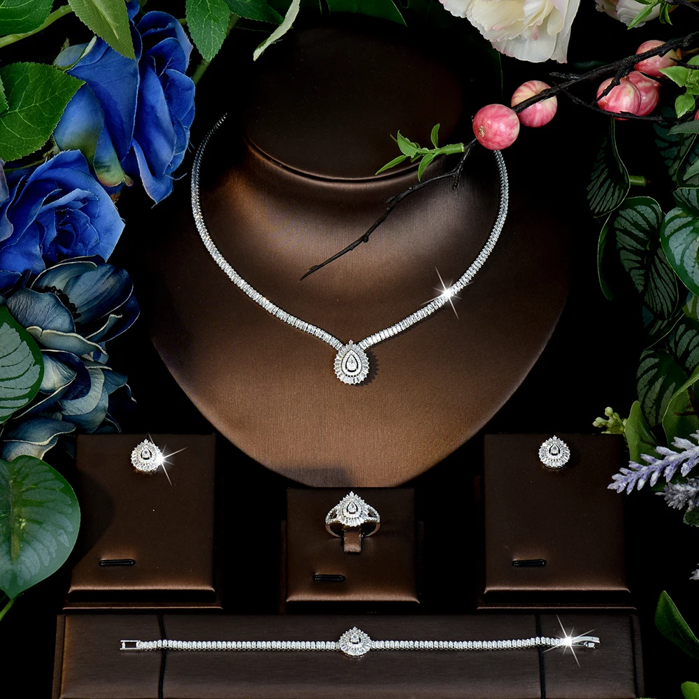 HIBRIDE Popular Simple Everyday Heartbeat Droplet 4 Piece Jewelry Set Women's Wedding Bridal Travel Event Party Gift S-1228