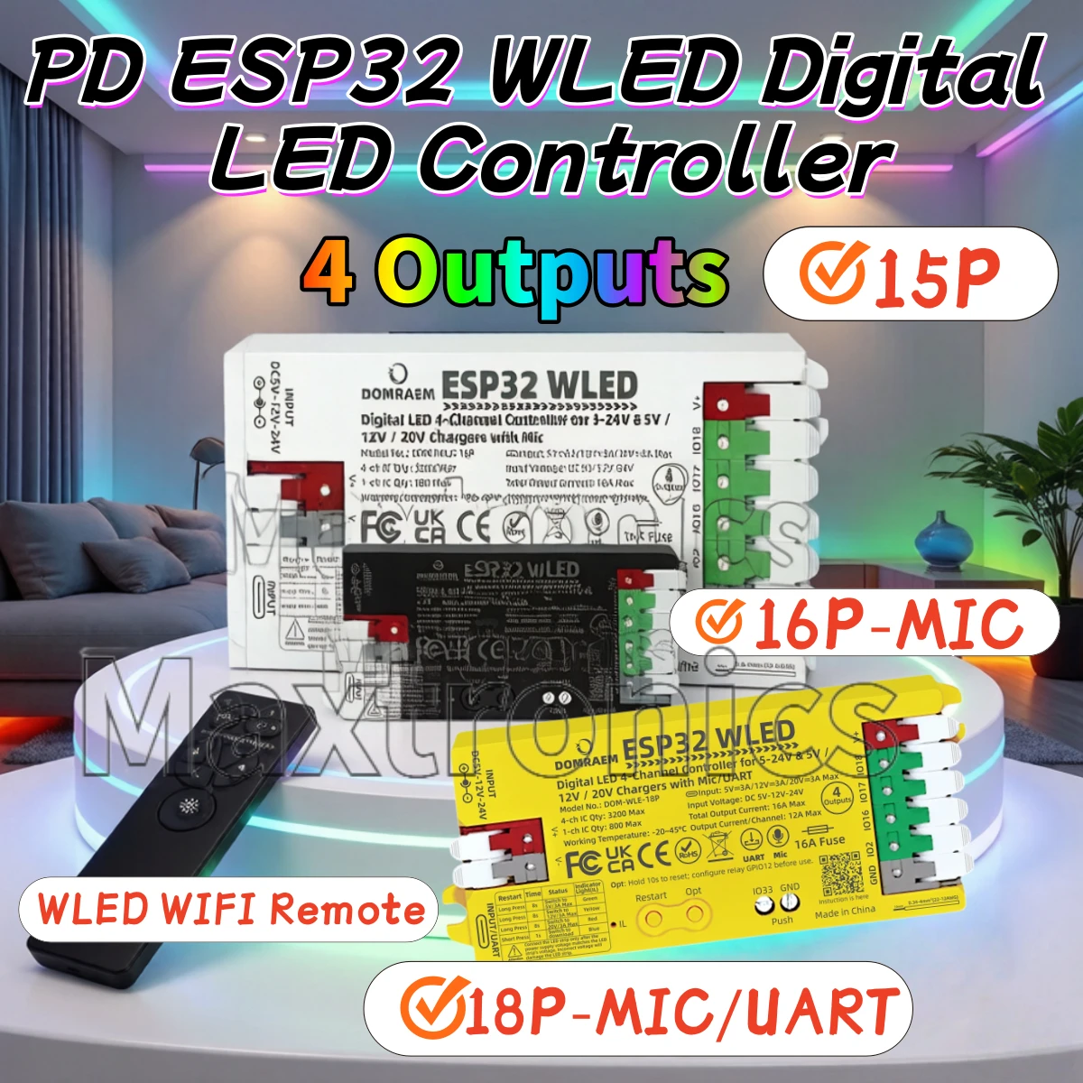 PD ESP32 WLED Digital LED Controller 4 Outputs DOM-WLE-15P/16P/18P Dual PSU 5V/12V/20V for APA102 LEDs Lights WS2811/12B SK6812