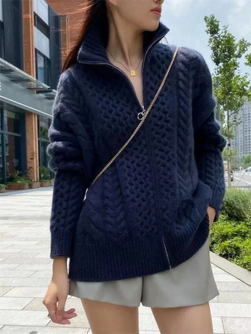 Cardigan en Cachemire Épais à Col Haut pour Femme, Pull Torsadé avec Fermeture Éclair, Manteau Paresseux, Nouvelle Collection Automne Hiver 2022, 2022