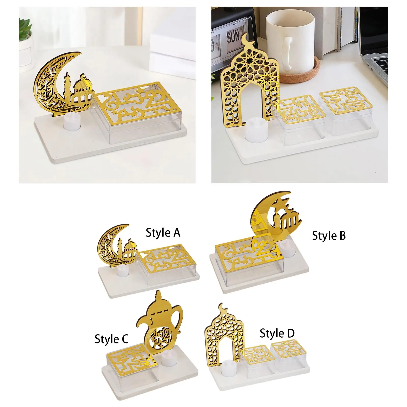 

Ramadan Table Decoration Golden Table Sign Centerpiece Party Supplies Nuts Storage Tray with Flameless Candle Islamic Eid Decor