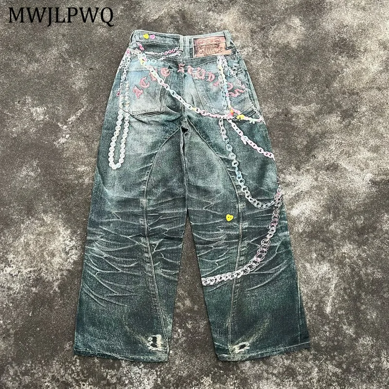

MWJLPWQ American Style Ink Spray Graffiti Design Vintage Jeans High Street Loose Wide-leg Casual 3D Printed Male New Pants 11047