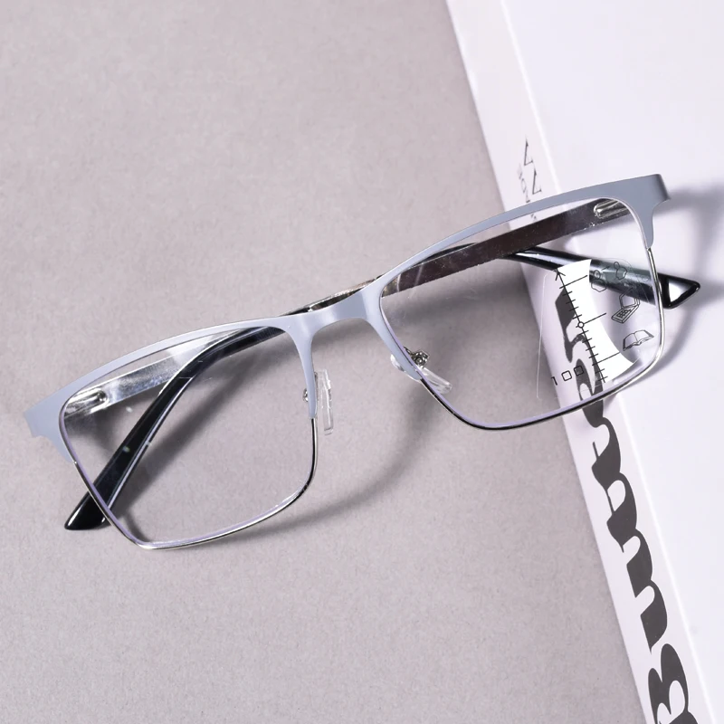 Zweifarbige progressive Lesebrille für Herren, multifokale Herren-Computerbrille mit Blaulichtfilter, große quadratische Brillenfassung +125