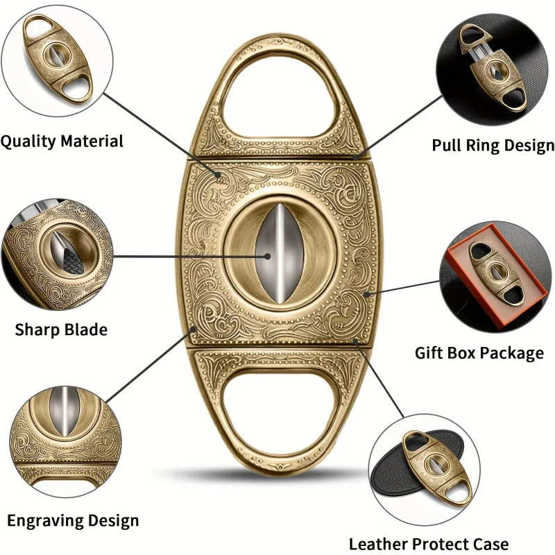 

Vintage Gold Cigar Cutter - Engraved Stainless Steel Sharp Blade w/Gift Box, Men's Luxury Gifts for Tobacco & Cigar Accessories