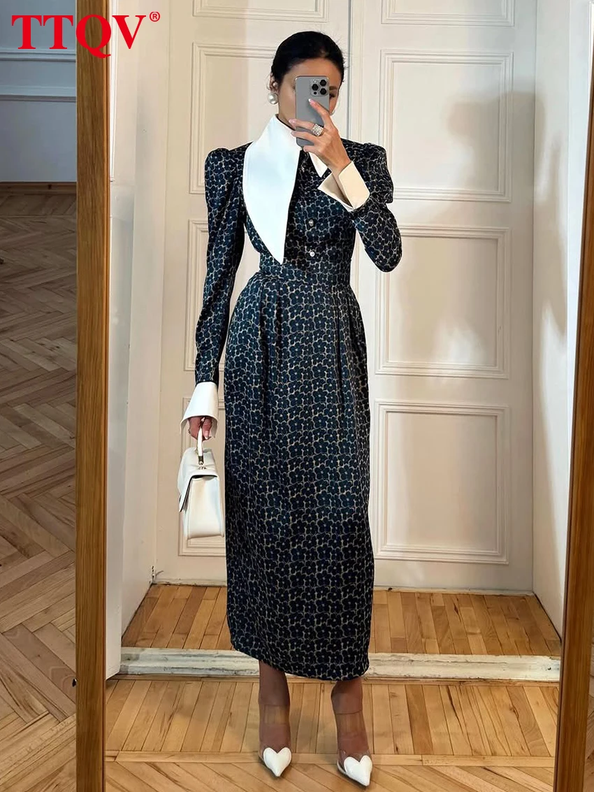 TTQV Fashion Lose Print Women's Dress 2026 Spring Lapel Long Sleeve Ankle Length Dresses Elegant Classic Patchwrok Female Dress