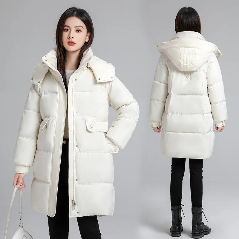 Women Hooded Parkas Coats Mid Length Solid Jackets Pocket Zipper Long Sleeves Thick Loose Fit Office Lady Casual 2025 Winter