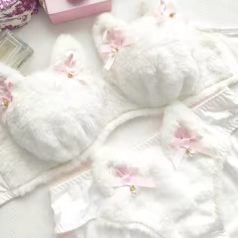 Women Cartoon Plush Bra Panty Set Funny Cats Bra Panties Set Lovely Lingerie