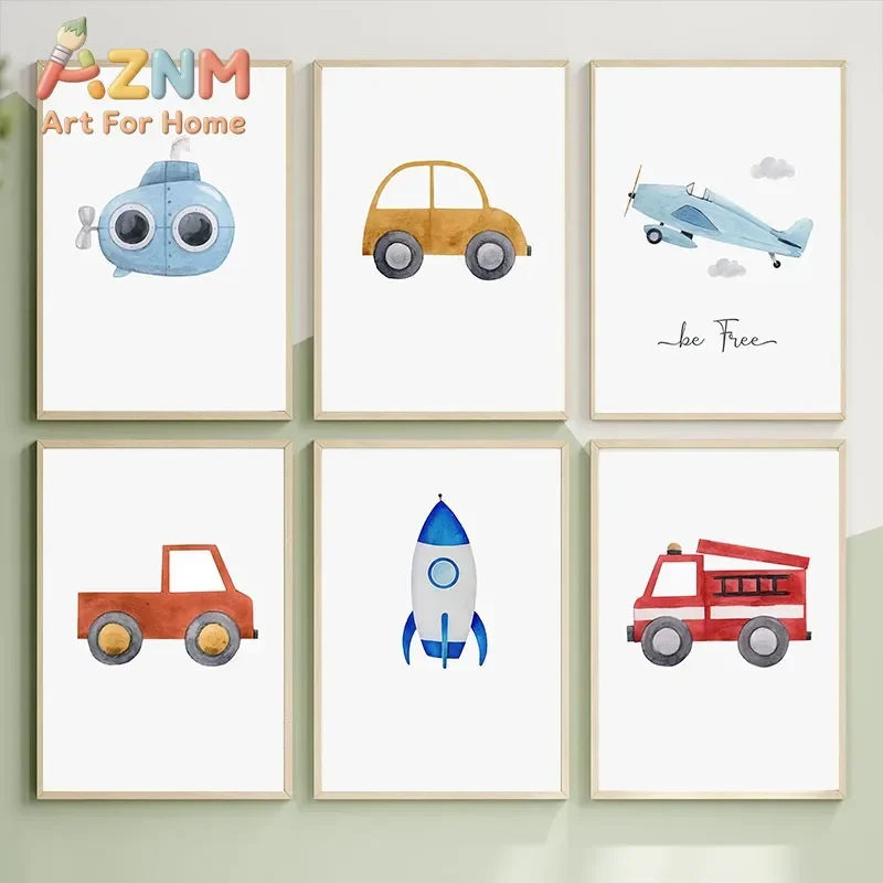 AZNM Watercolor Transport Canvas Wall Art Car Airplane Rocket Submarine Fire Truck Be Free Quote Kids Nursery Bedroom Decor Unfr