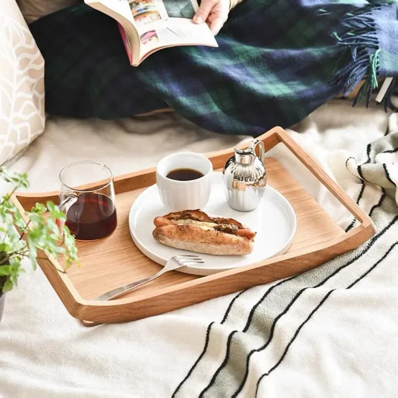 Nordic Oak Wood Serving Tray for Breakfast Afternoon Tea Elegant Rectangular Platter Home Decor Fruit Plate Snack Organizer