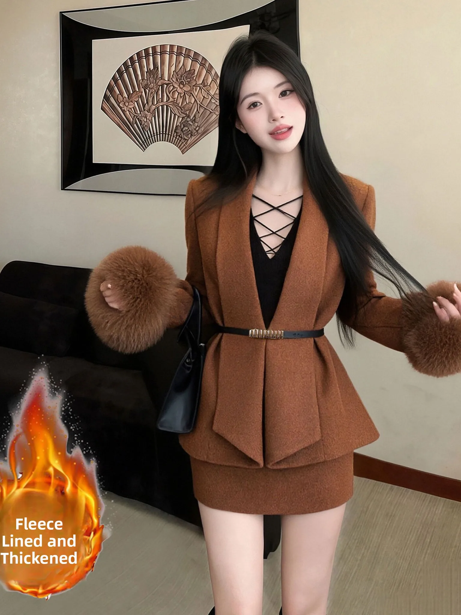 

Fashionable Thickened Cotton Winter Set with Belt Short Skirt Two-Piece Ensemble JT0228A by Laiyitiao for Women