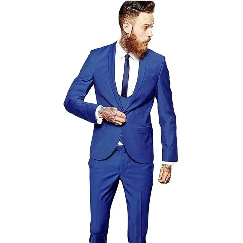 

Classic Style 3 Piece Slim Fit Royal blue Men Suit Groom Tuxedos Lapel Single Breasted Blazer Vest Pants Set Party Men Clothing