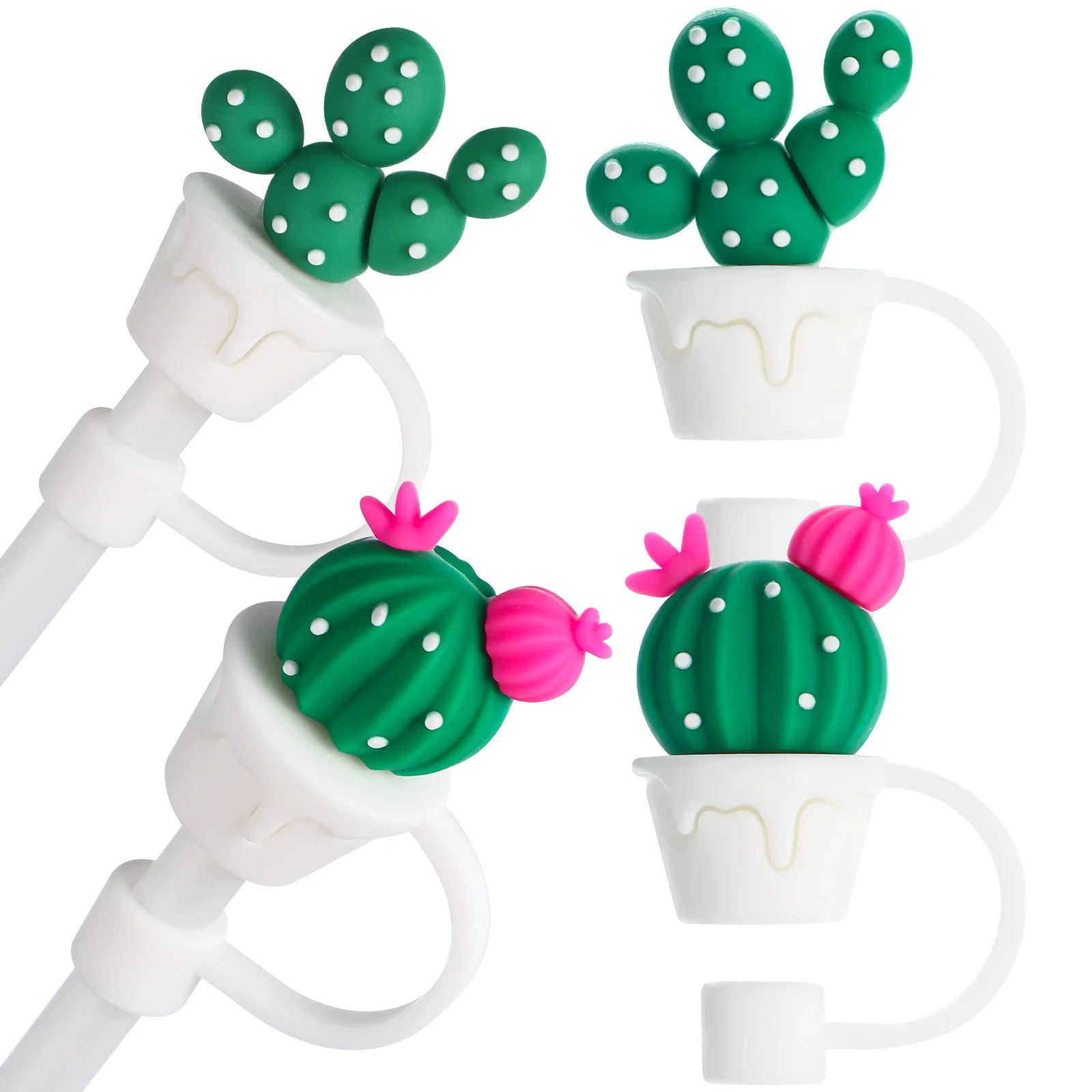 4pcs Cactus Drinking Straw Hat Tip Cap Cover Plug Protector Cute Silicone Drinking Straw Hats Tip Caps Cover Home Kitchen Supply