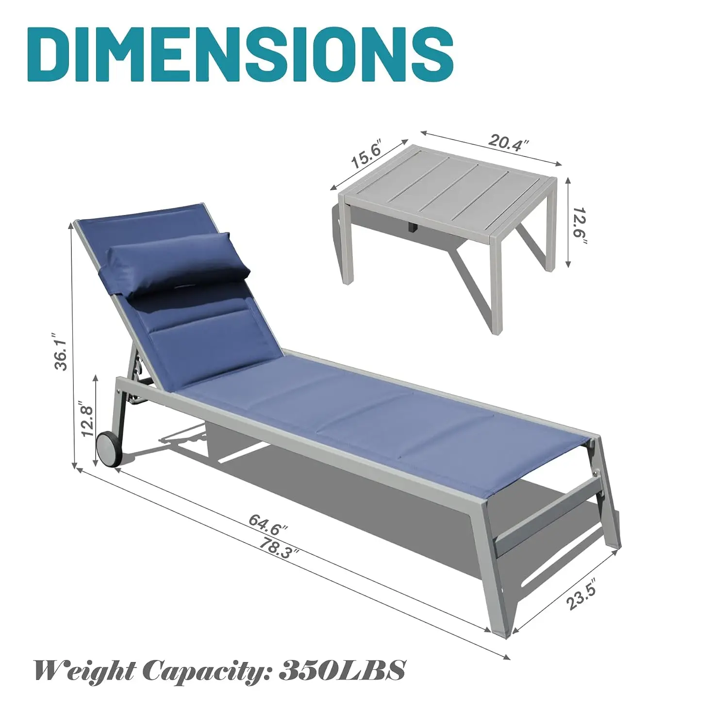 Aluminum Padded 5-Position Chaise Lounge Set 3, Stackable w/ Headrest, Wheels & Table, for Patio Pool Beach, Customized