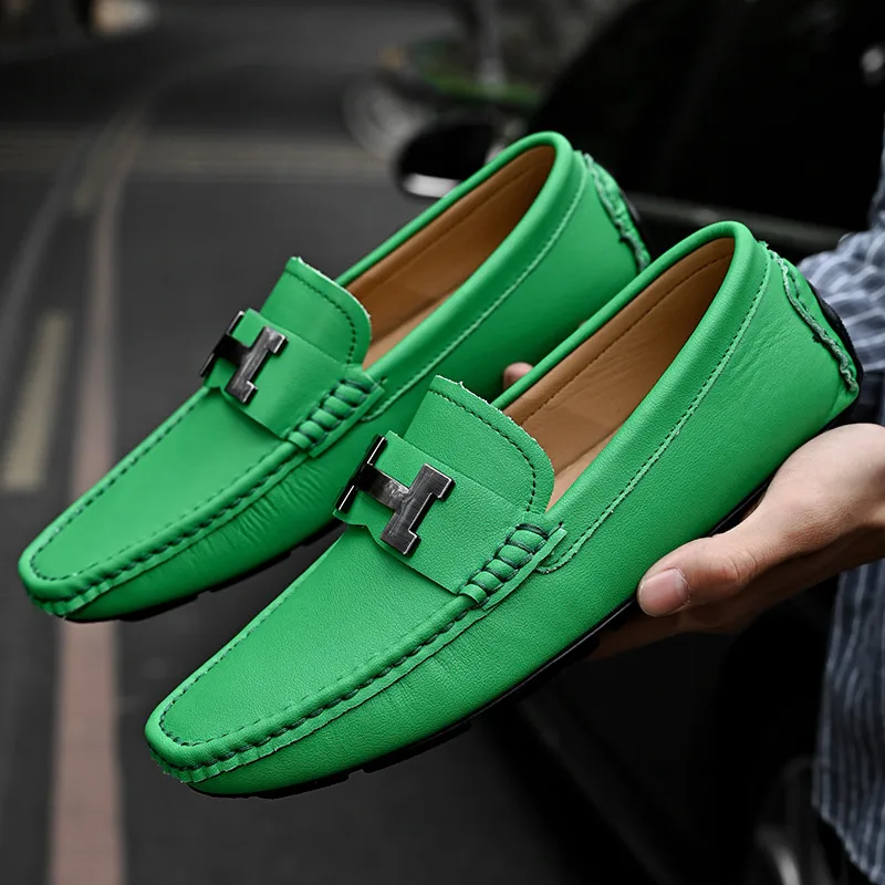 

Luxury Brand Men's Loafers Metal Decoration Green Casual Leather Shoes Men Outdoor Comfortable Driving Shoes Men Plus Size 48-49