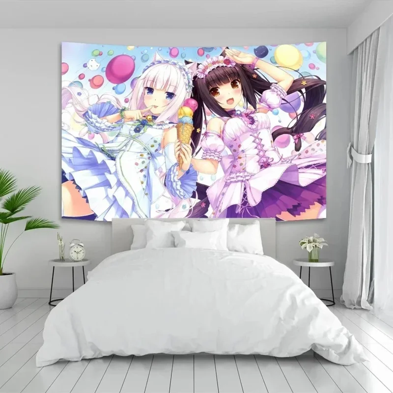 VIKAMA Otaku Aesthetic Cute Cat Maids Tapestry for Home Decoration Fandom Ambiance Ideal Wall Hanging Art