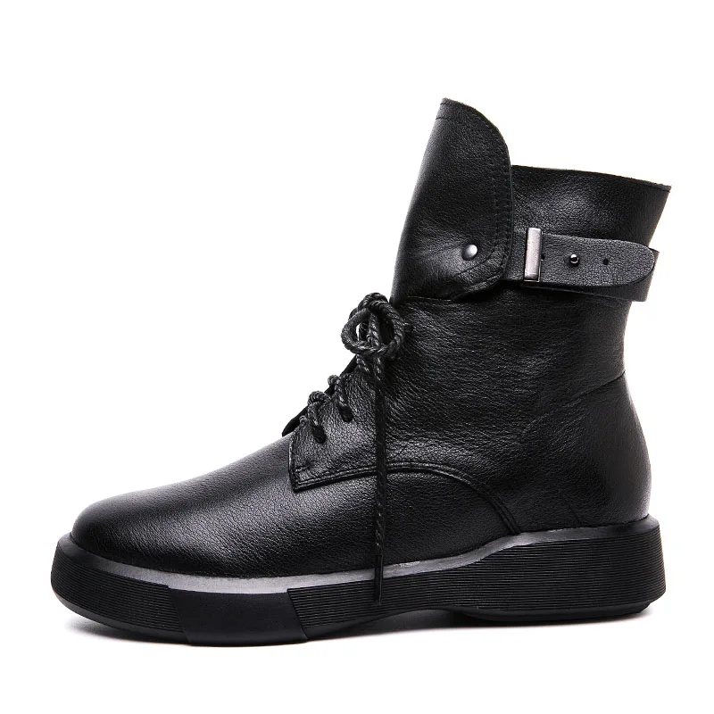 DRKANOL Fashion Black Genuine Cow Leather Ankle Boots For Women Autumn Winter Plush Round Toe Flat Heel Soft Comfort Warm Boots