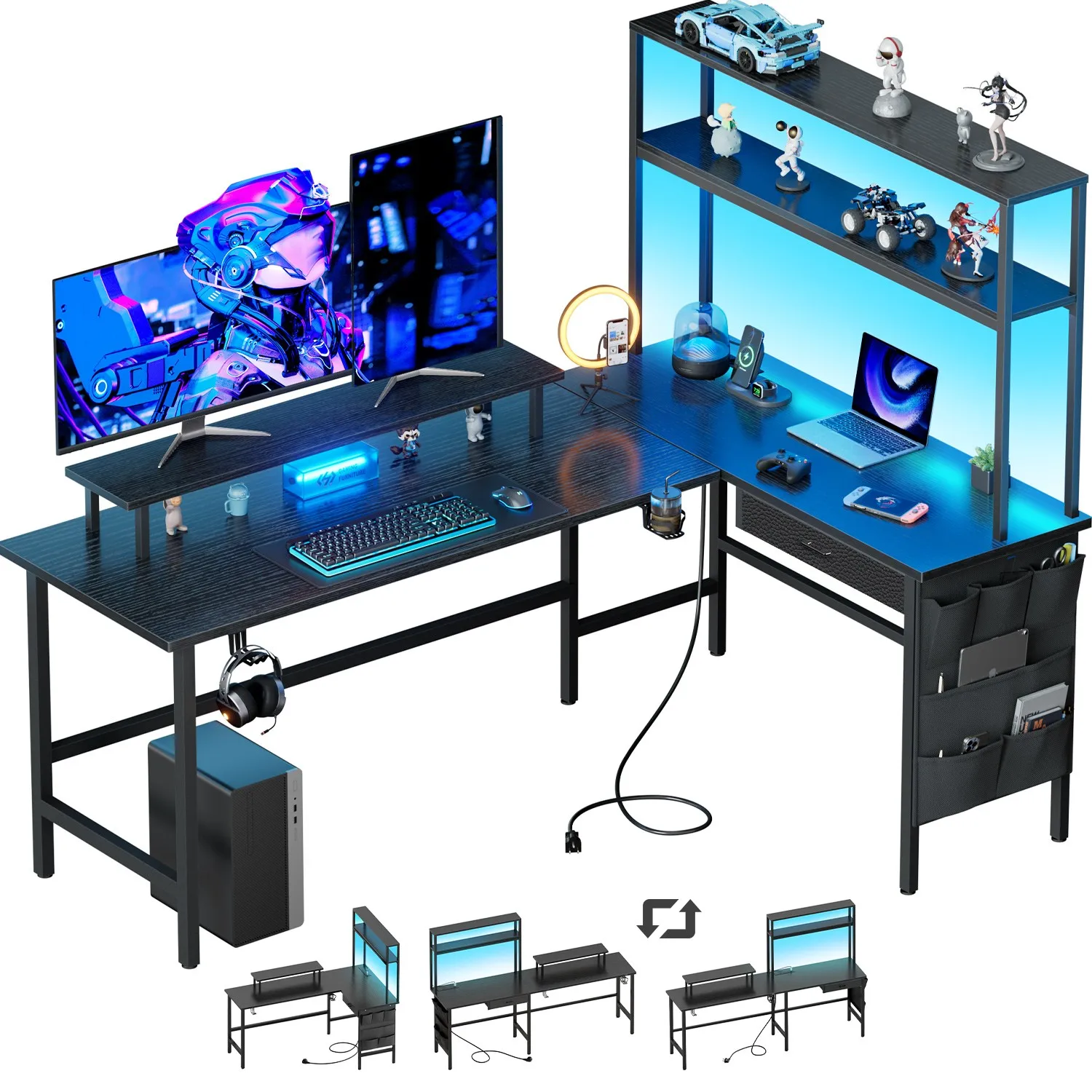 Computer desksL Shaped Gaming Desk with LED Lighting and Power Outlets PC Computer Desk with Monitor Stand for Home Office Setup