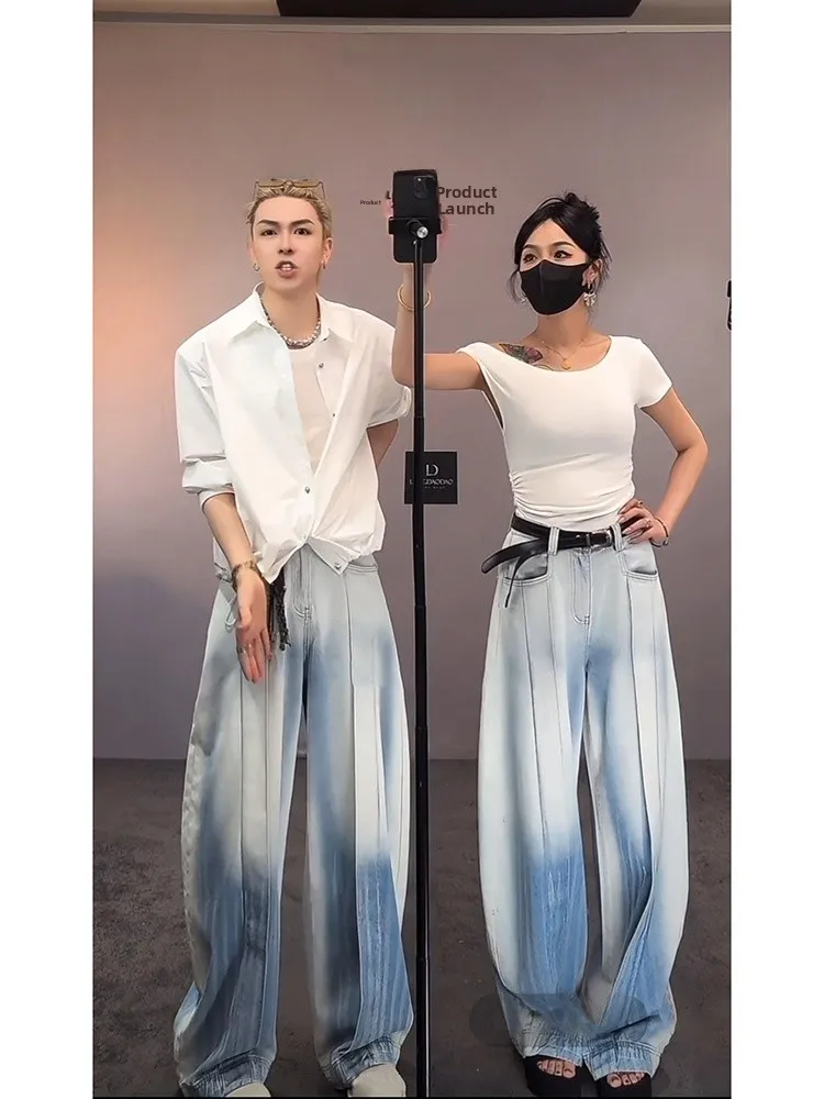 

Свободные прямые синие джинсы для мужчин, летние, в американском стиле High Street, широкие брюки, цвета ледяной синевы, повседневные, молодежные, модные