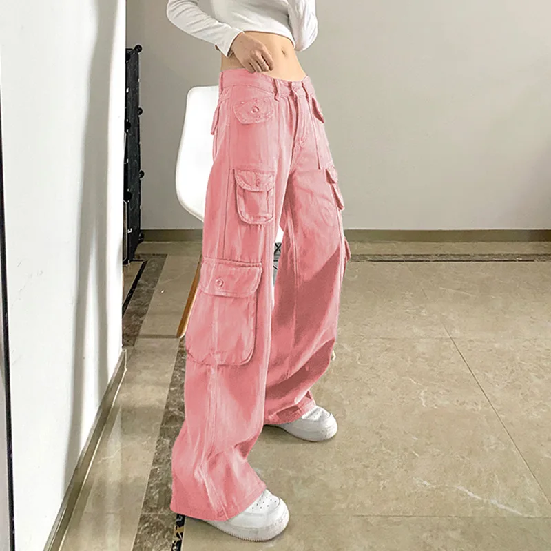 جيوب عتيقة جينز فضفاض منتصف الخصر السراويل البضائع عادية بنطال ذو قصة أرجل واسعة كول المرأة بنطلون 2021 موضة الشارع الشهير