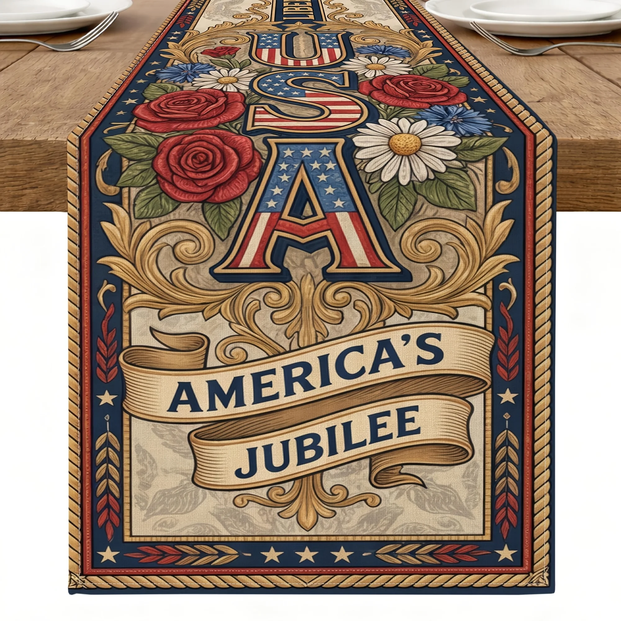 

Скатерть-дорожка ко Дню независимости США (250-летие) - винтажная, с цветочным узором, красно-синяя, патриотическая