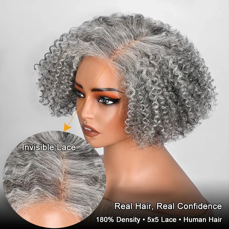 100% cabello humano Real de sal y pimienta, peluca gris rizada Jerry corta sin pegamento, pelucas con cierre frontal de encaje 5x5 para mujeres maduras y elegantes