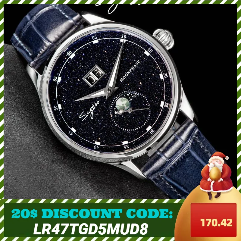 Sugess Mens Watch Limited Edition Moonphase 316L Stainless Steel Case Tianjin ST2528 Movement Luxury Gemstone Stars Dial Gift V3