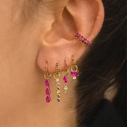 Luxury Rose Red Zircon Stainless Steel Water Drop Hoop Earring For Women 18K Gold Plated Huggie Women's Jewelry pendientes mujer