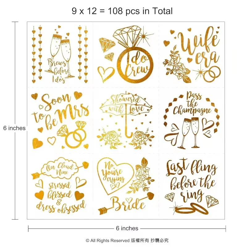 108pcs Metallic Gold Temporary Tattoos Body Sticker for Bachelorette Party Bridal Shower Bridesmaid Gifts Party Favor Supplies