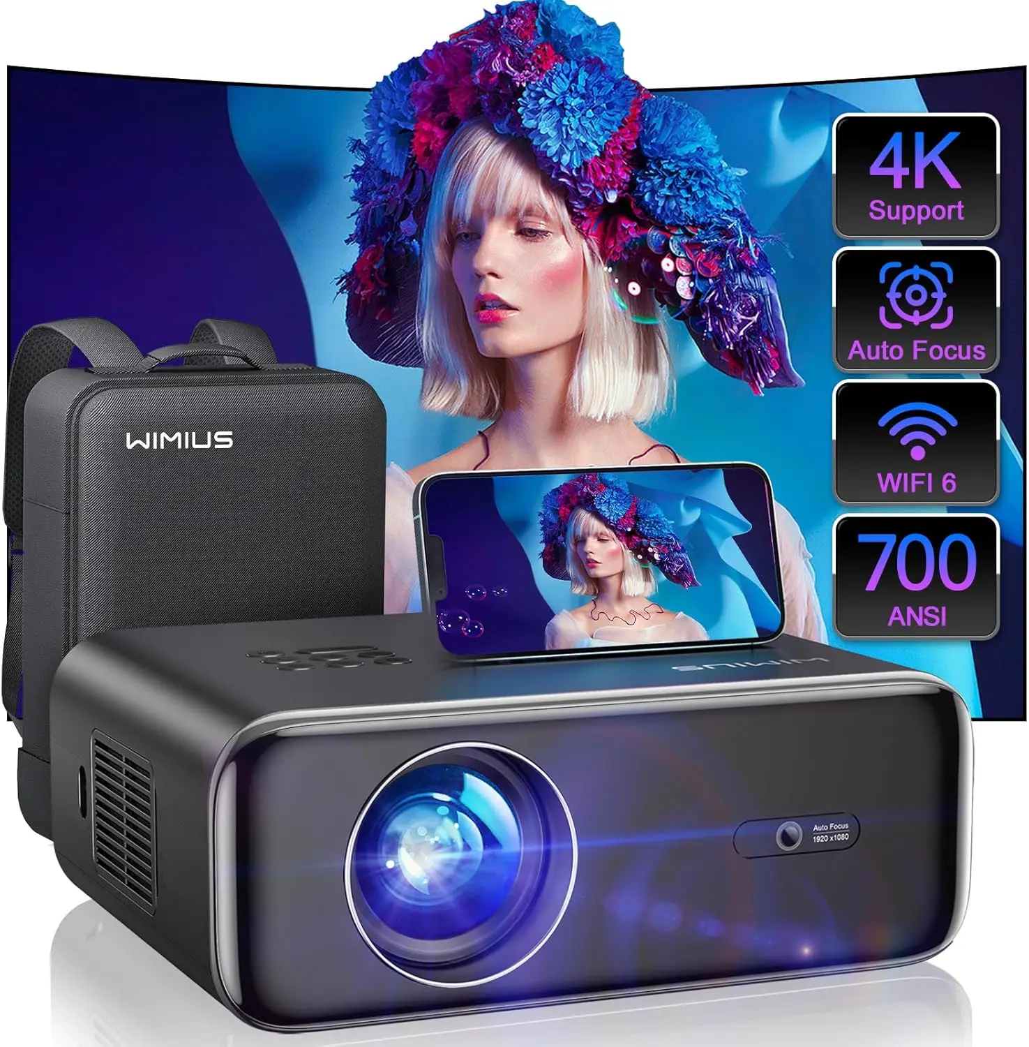 

Auto Focus 4K WiFi 6 Bluetooth Projector, 700ANSI 1080P Outdoor Movie with Auto Keystone & Zoom